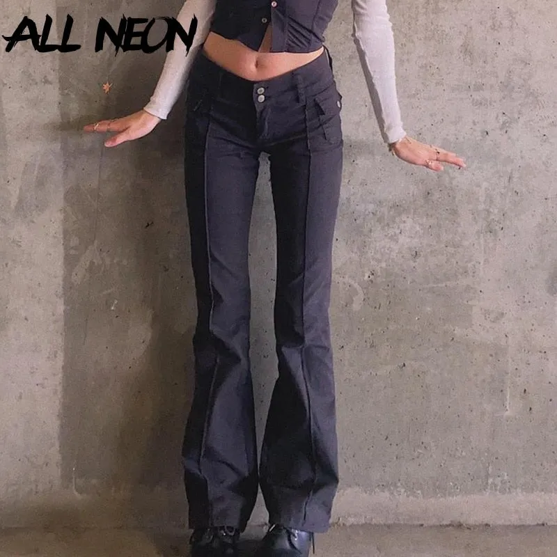 ALLNeon Indie Aesthetics Slim Low Waist Flare Pants E-girl Vintage Pockets Solid Y2K Pants Autumn 90s Fashion Black Trousers