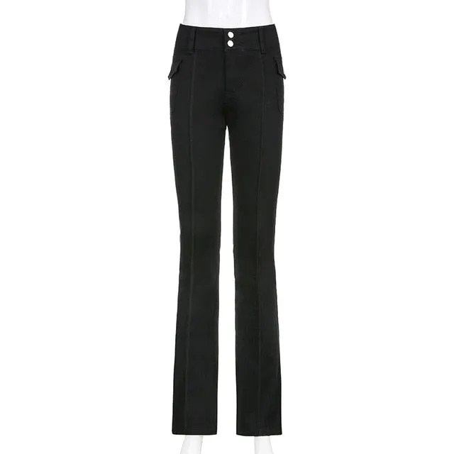 ALLNeon Indie Aesthetics Slim Low Waist Flare Pants E-girl Vintage Pockets Solid Y2K Pants Autumn 90s Fashion Black Trousers
