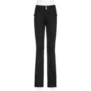 ALLNeon Indie Aesthetics Slim Low Waist Flare Pants E-girl Vintage Pockets Solid Y2K Pants Autumn 90s Fashion Black Trousers