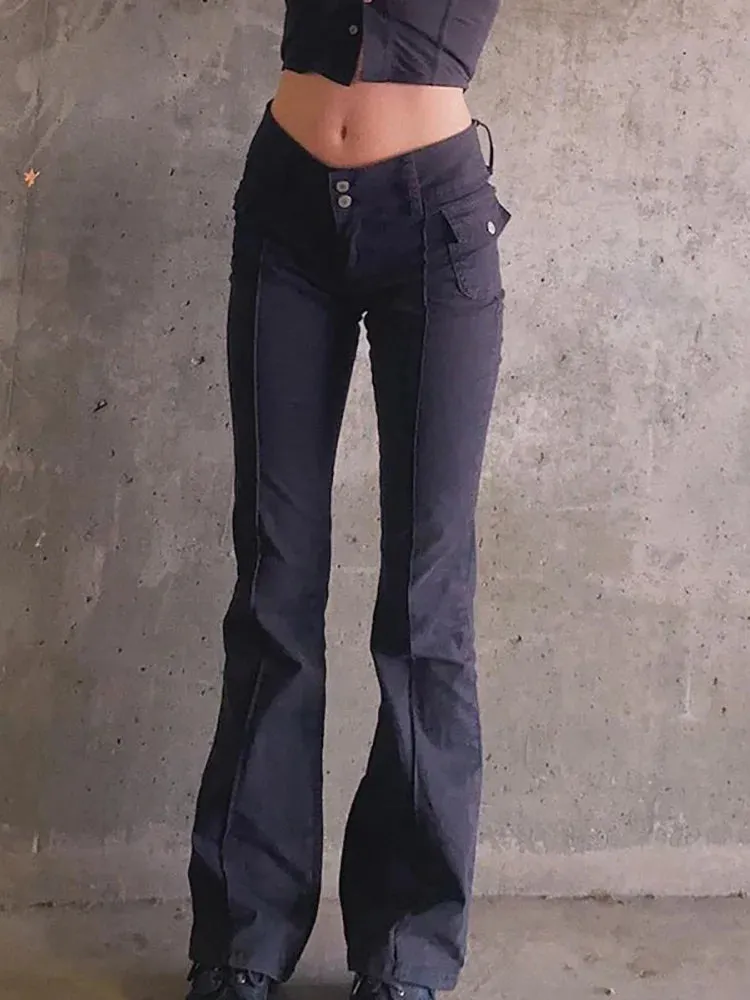 ALLNeon Indie Aesthetics Slim Low Waist Flare Pants
