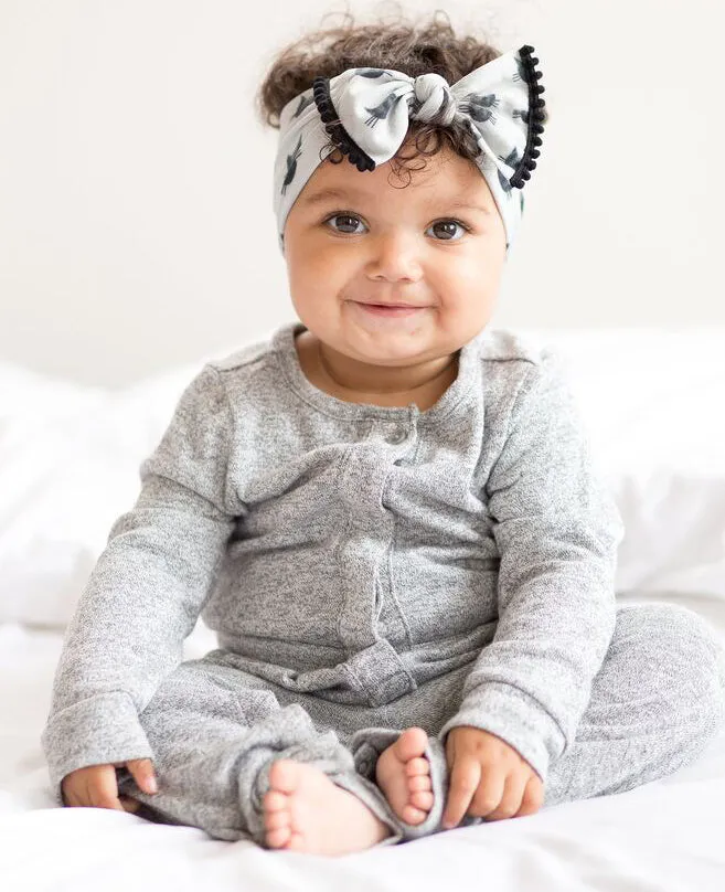Baby Bling Halloween Black Cat w/Pom Trimmed Printed Knot Headband