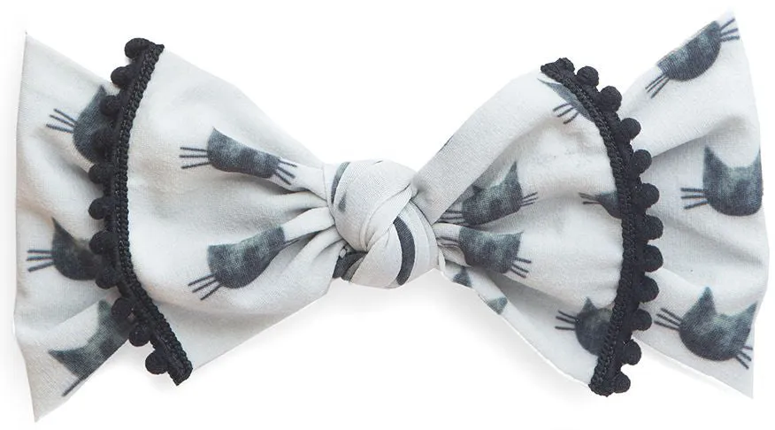 Baby Bling Halloween Black Cat w/Pom Trimmed Printed Knot Headband