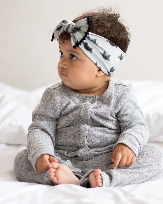 Baby Bling Halloween Black Cat w/Pom Trimmed Printed Knot Headband