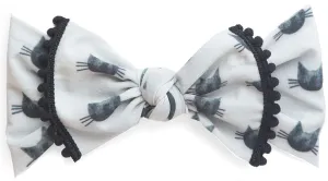 Baby Bling Halloween Black Cat w/Pom Trimmed Printed Knot Headband