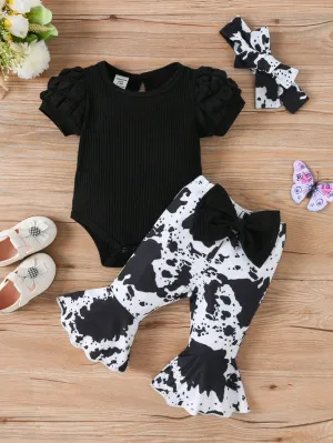 Baby Girl Fashionable And Casual Bubble Sleeve Short Sleeve Striped Romper With Printed Flare Pants, Cute Hair Accessory, -FD