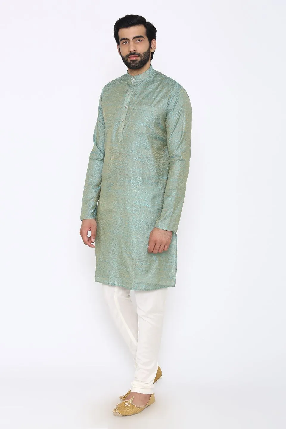 Banarasi Art Silk Cotton Blend Blue Long Kurta Pajama
