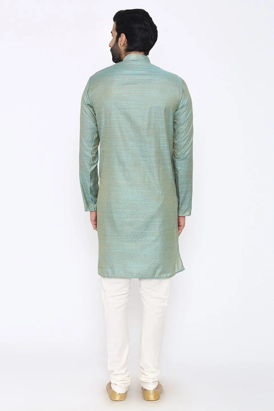 Banarasi Art Silk Cotton Blend Blue Long Kurta Pajama