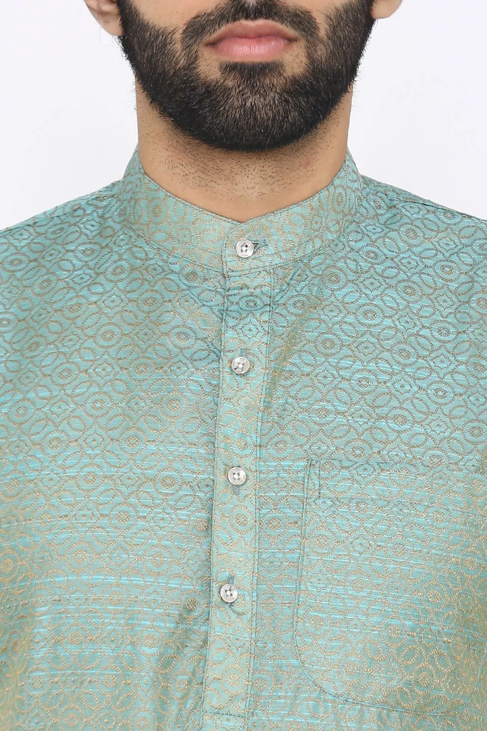Banarasi Art Silk Cotton Blend Blue Long Kurta Pajama