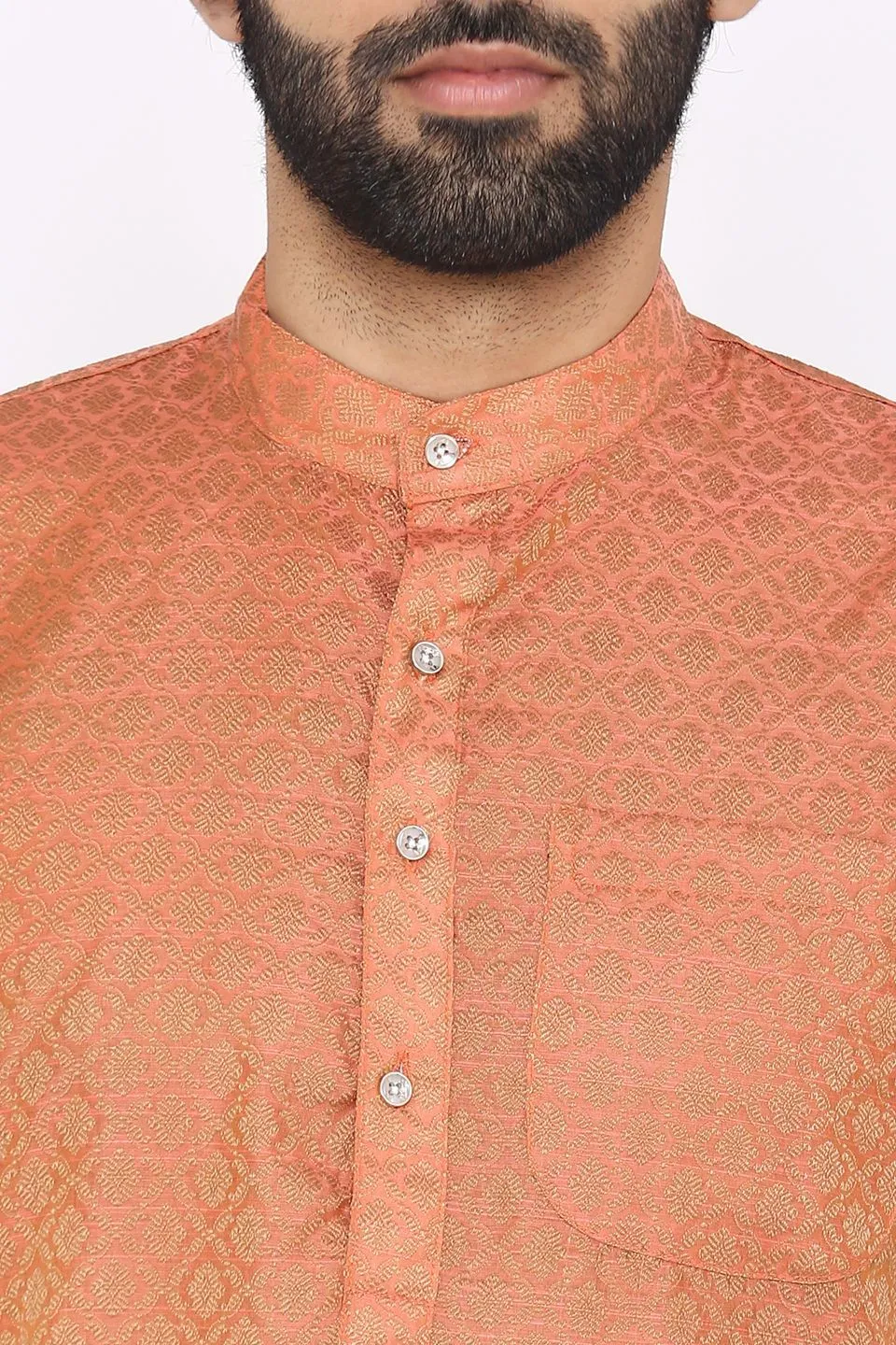 Banarasi Art Silk Cotton Blend Orange Long Kurta Pajama