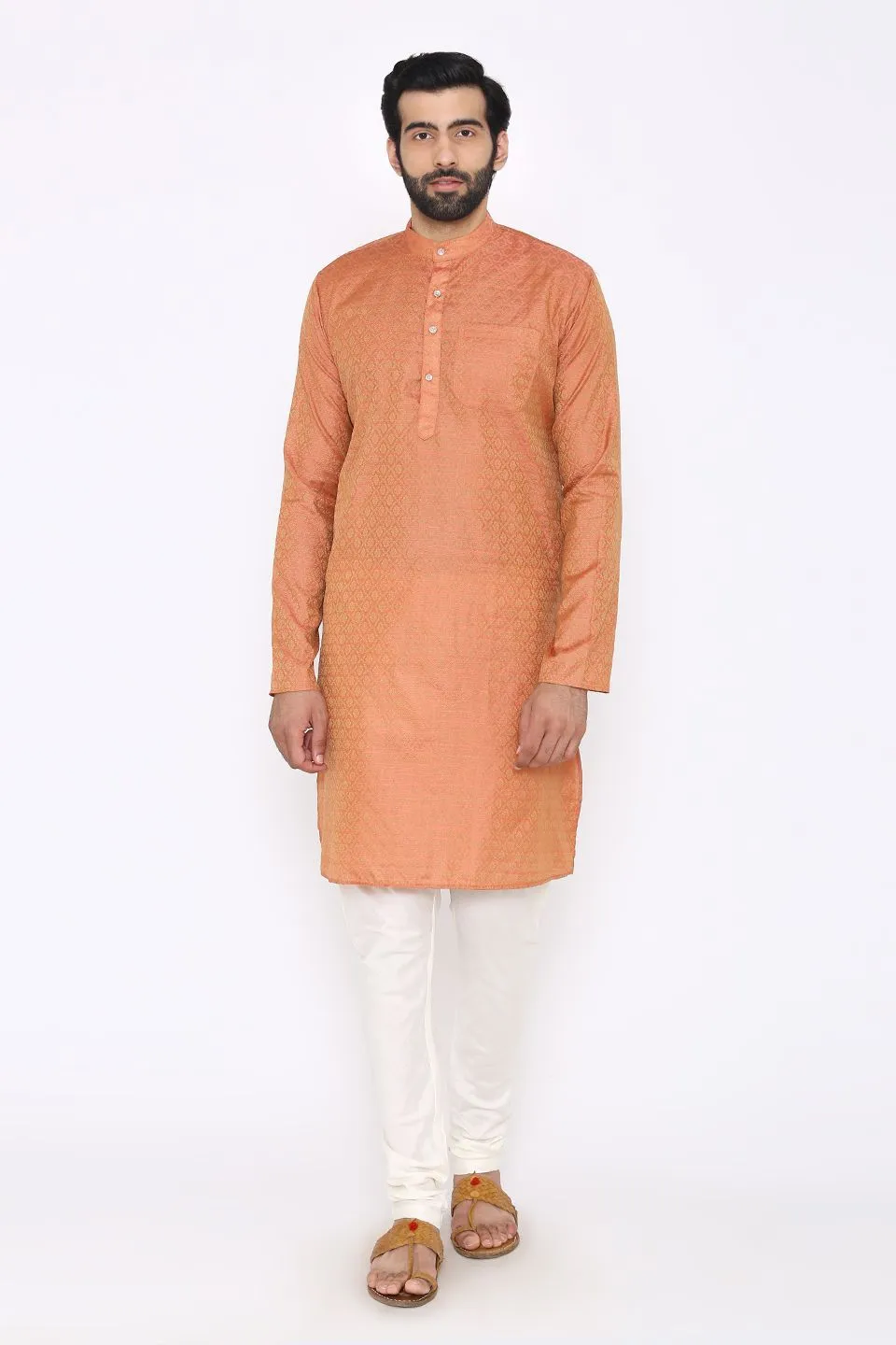 Banarasi Art Silk Cotton Blend Orange Long Kurta Pajama