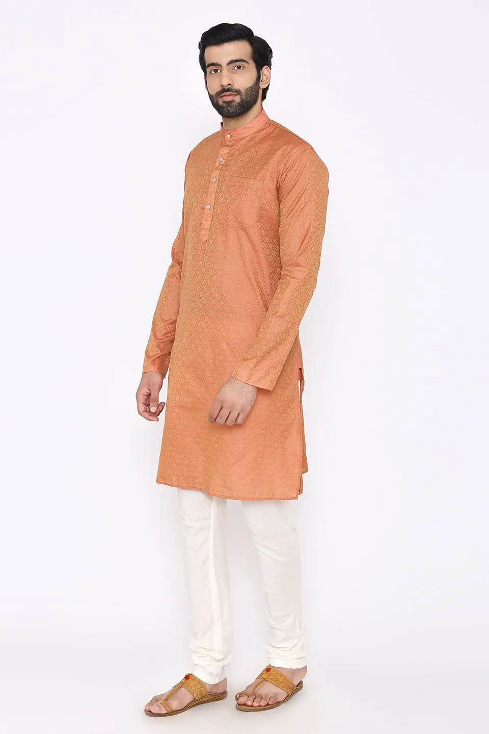 Banarasi Art Silk Cotton Blend Orange Long Kurta Pajama
