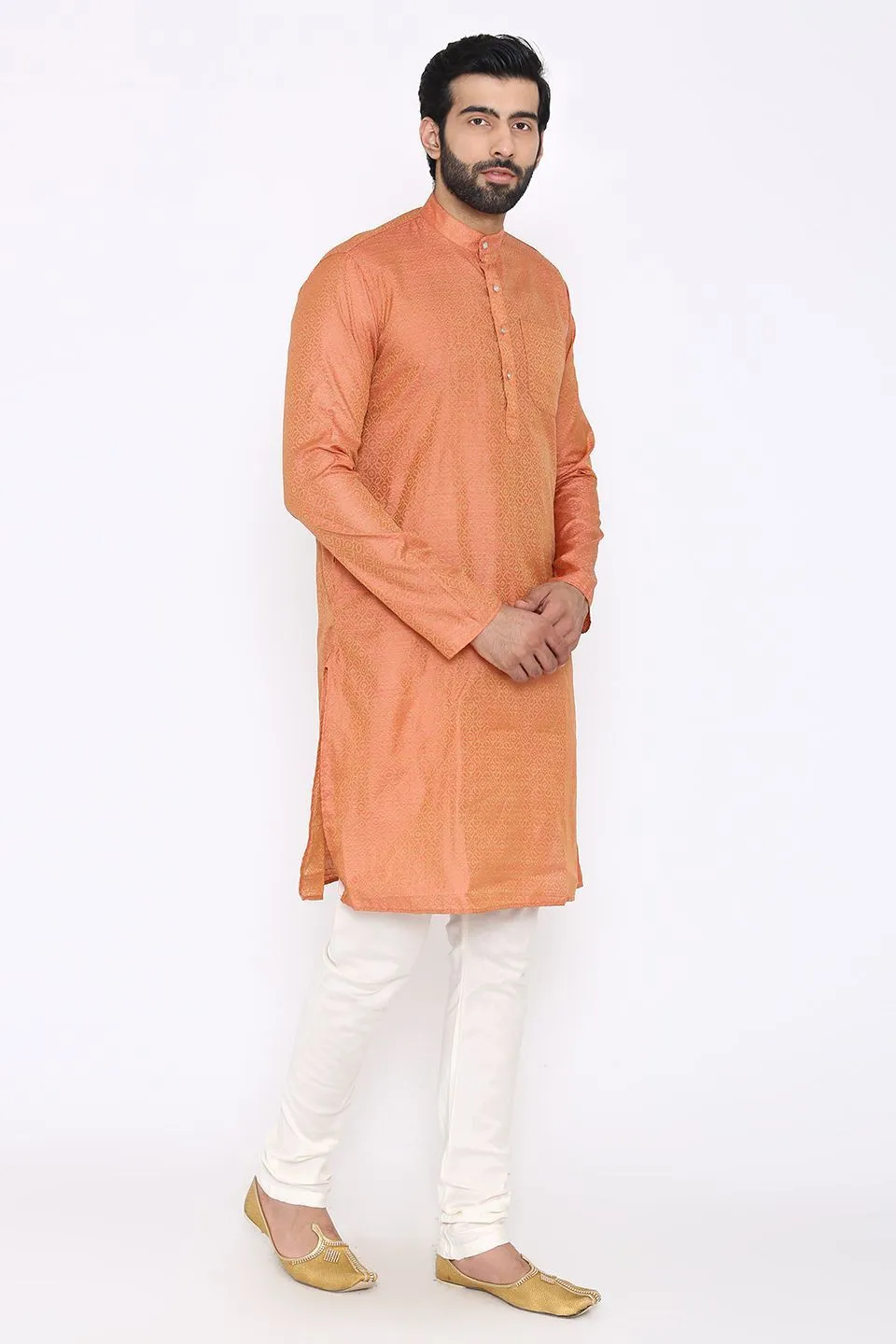 Banarasi Art Silk Cotton Blend Orange Long Kurta Pajama