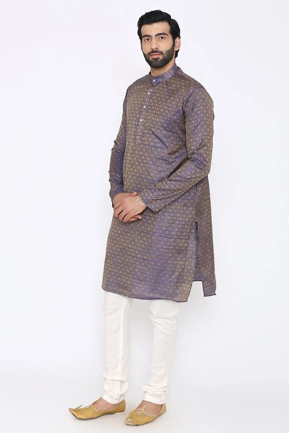 Banarasi Art Silk Cotton Blend Purple Long Kurta Pajama