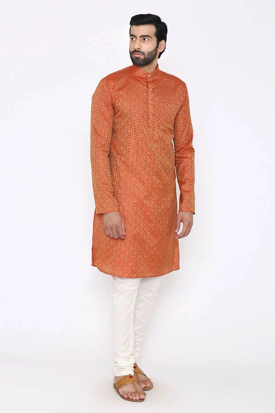 Banarasi Art Silk Cotton Blend Red Long Kurta Pajama