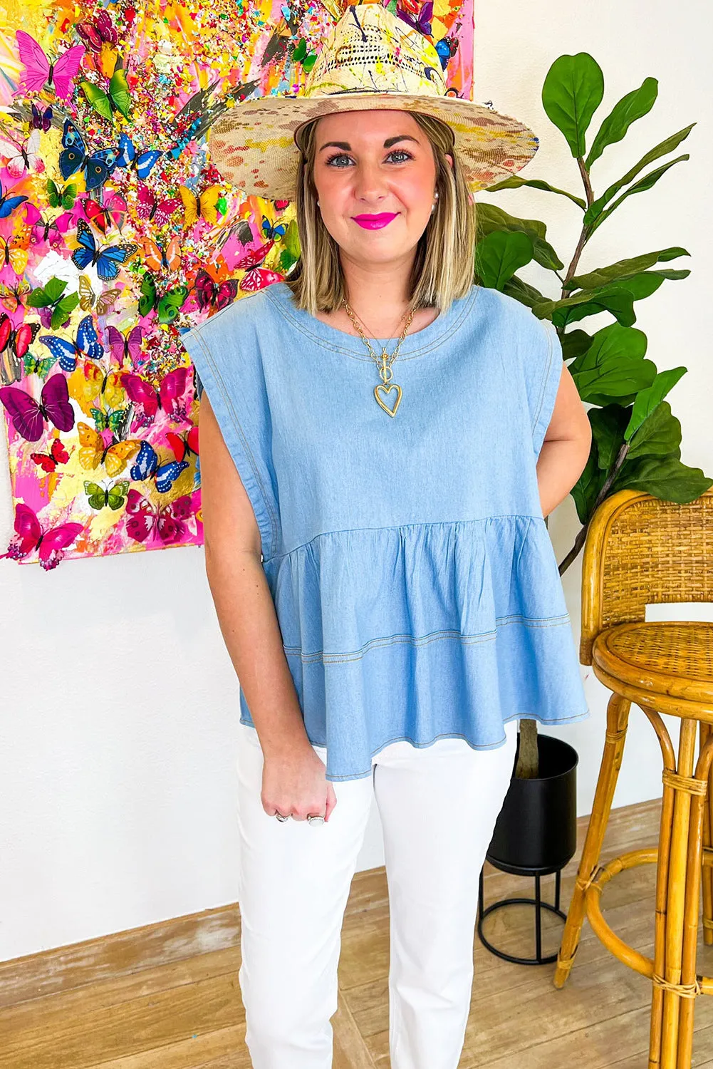 Beau Blue Trendy Stitching Detail Denim Peplum Top