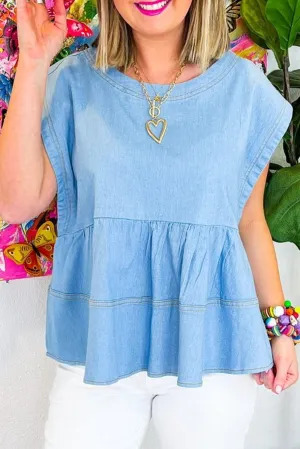 Beau Blue Trendy Stitching Detail Denim Peplum Top
