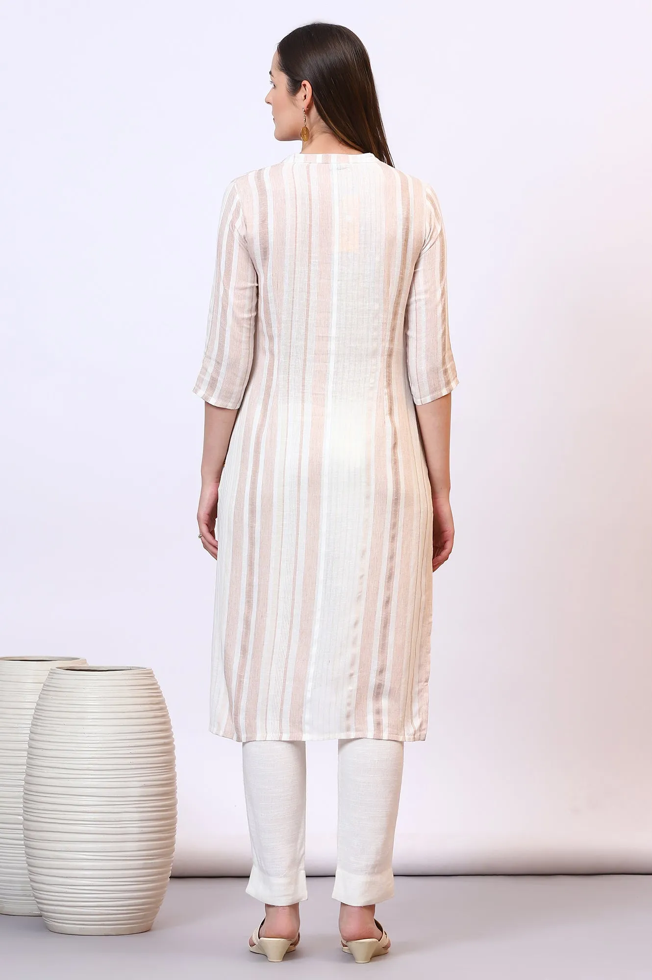 Beige Striped Rayon Flax Straight Kurta