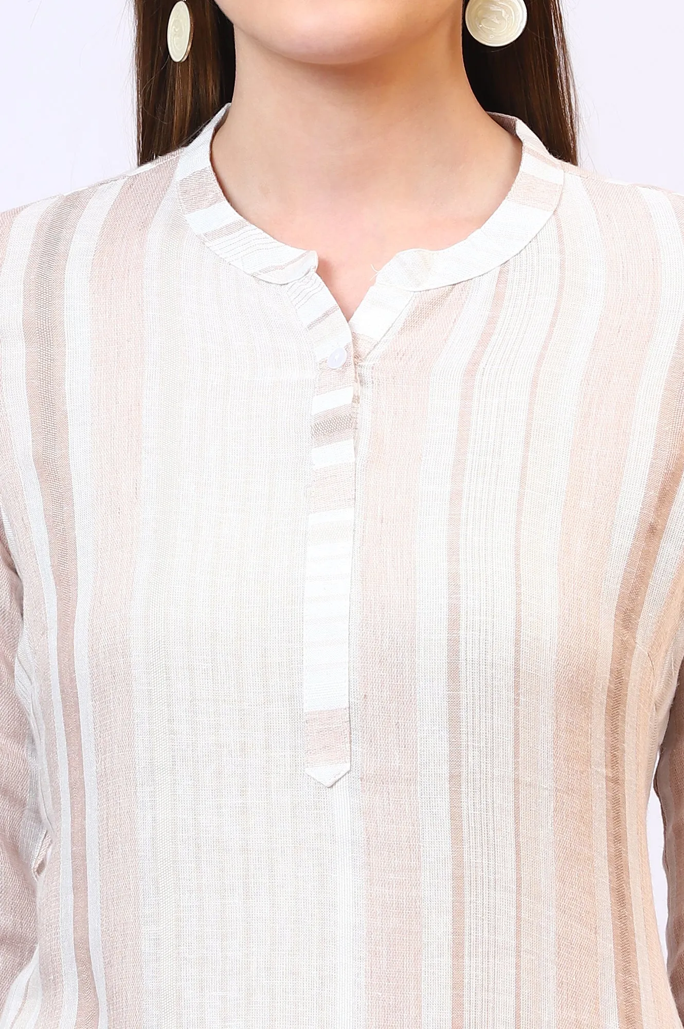 Beige Striped Rayon Flax Straight Kurta