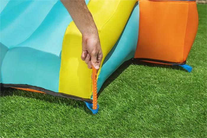 Bestway 9'6" X 7' X 5'8"/2.89M X 2.13M X 1.73M Leap & Play Mega Bouncer (1 bouncer, 1 blower (stakes included), 1 repair kit (multiple assorted patches), 1 storage bag, 9 bouncer stakes, 25 play balls)
