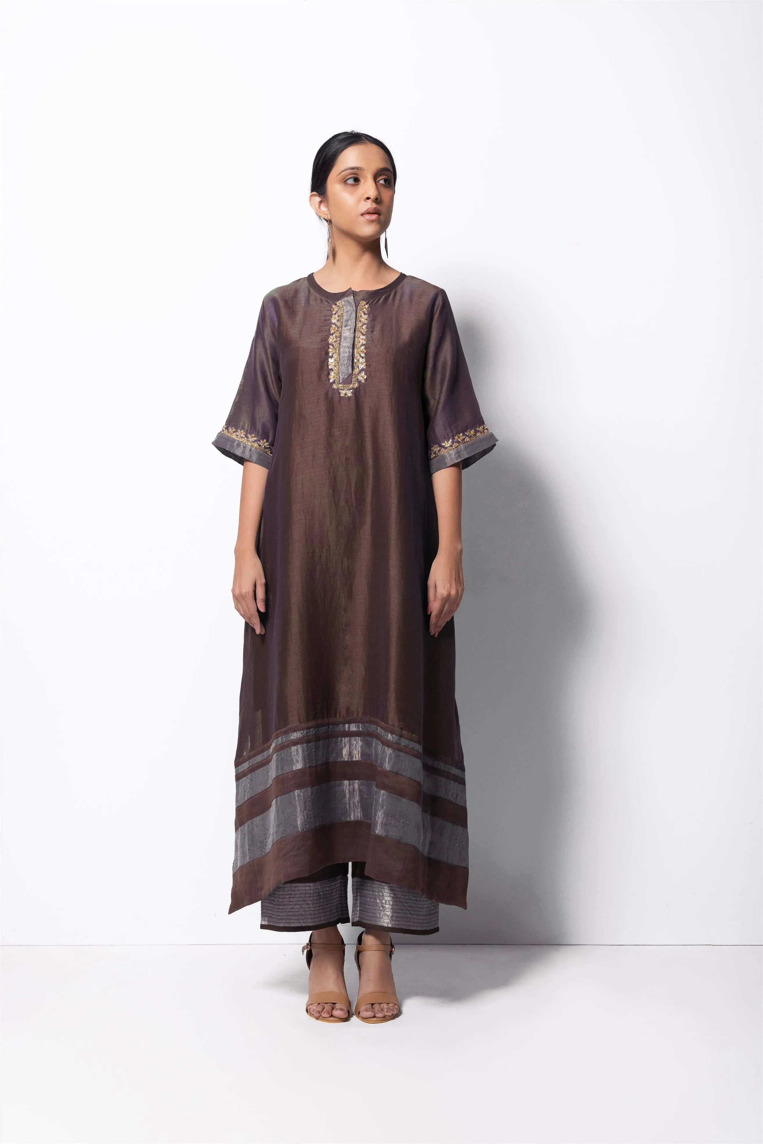 Bhavik Shah   I  Minhaj  Kurta Full Set - Kurta, Stole, Pants, With Slip Kurta - Handwoven Chanderi Silk, Stole - Chanderi & Zari, Pants - Cotton Silk BROWN CH-SK-CB-23