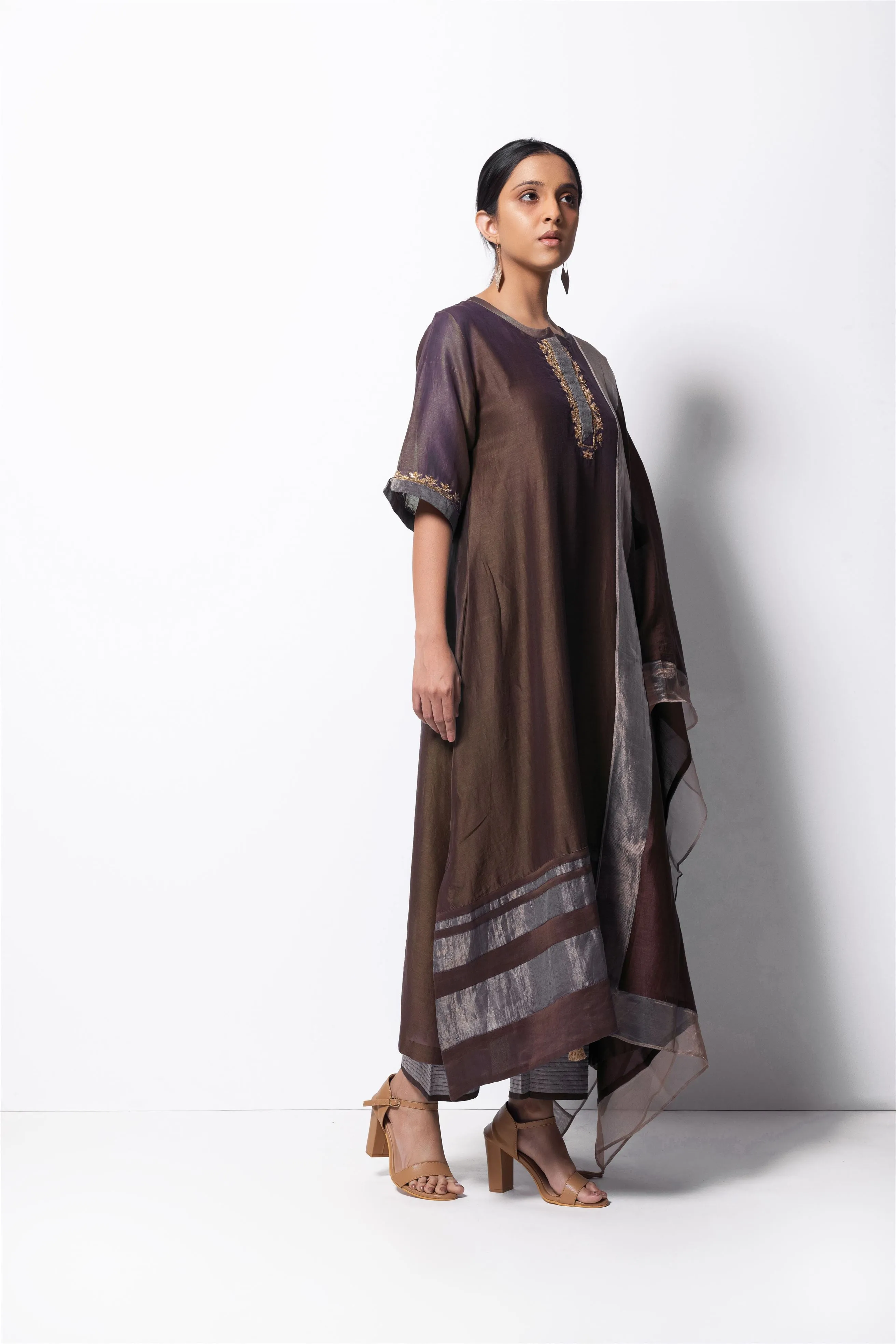 Bhavik Shah   I  Minhaj  Kurta Full Set - Kurta, Stole, Pants, With Slip Kurta - Handwoven Chanderi Silk, Stole - Chanderi & Zari, Pants - Cotton Silk BROWN CH-SK-CB-23