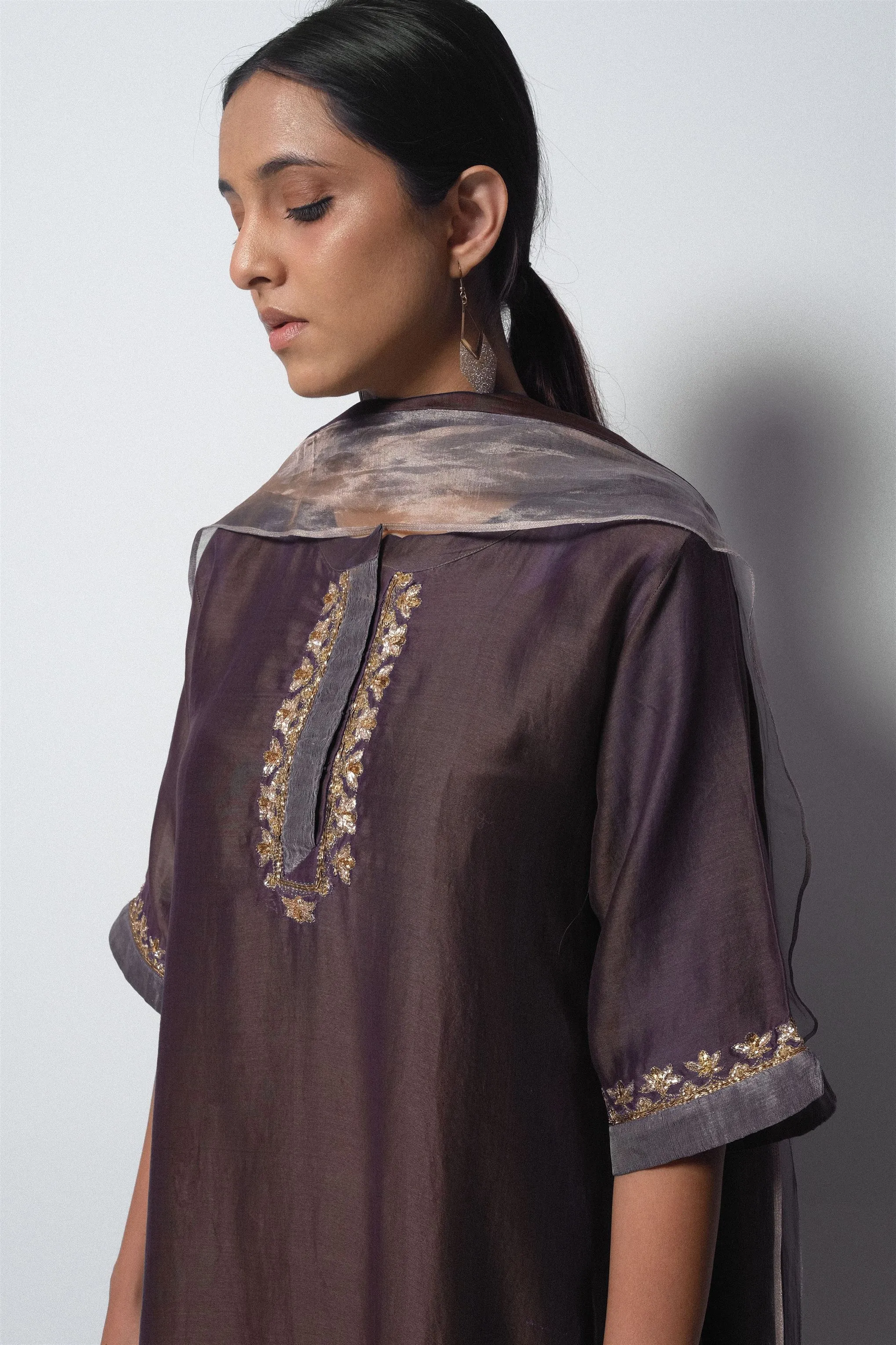 Bhavik Shah   I  Minhaj  Kurta Full Set - Kurta, Stole, Pants, With Slip Kurta - Handwoven Chanderi Silk, Stole - Chanderi & Zari, Pants - Cotton Silk BROWN CH-SK-CB-23
