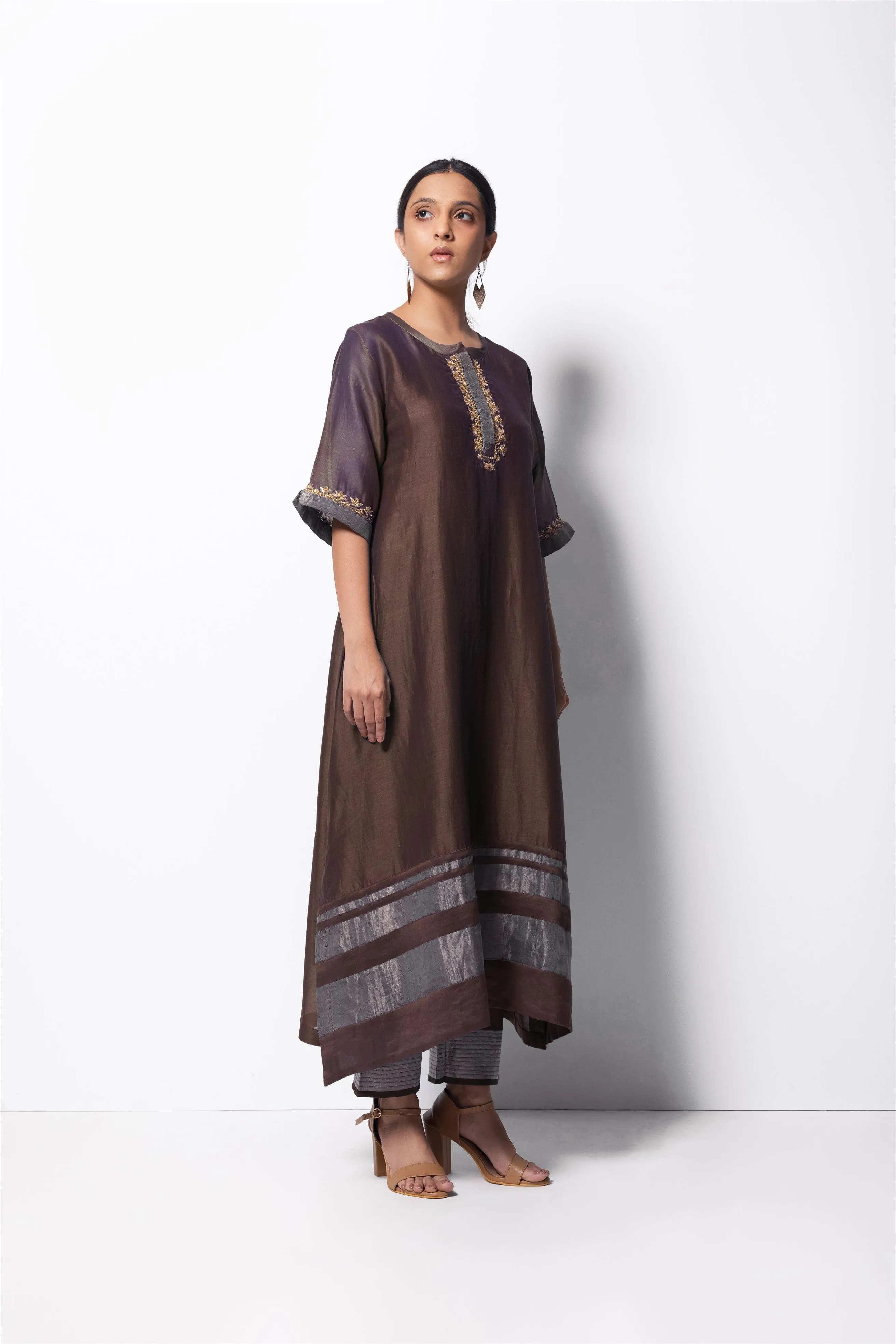 Bhavik Shah   I  Minhaj  Kurta Full Set - Kurta, Stole, Pants, With Slip Kurta - Handwoven Chanderi Silk, Stole - Chanderi & Zari, Pants - Cotton Silk BROWN CH-SK-CB-23