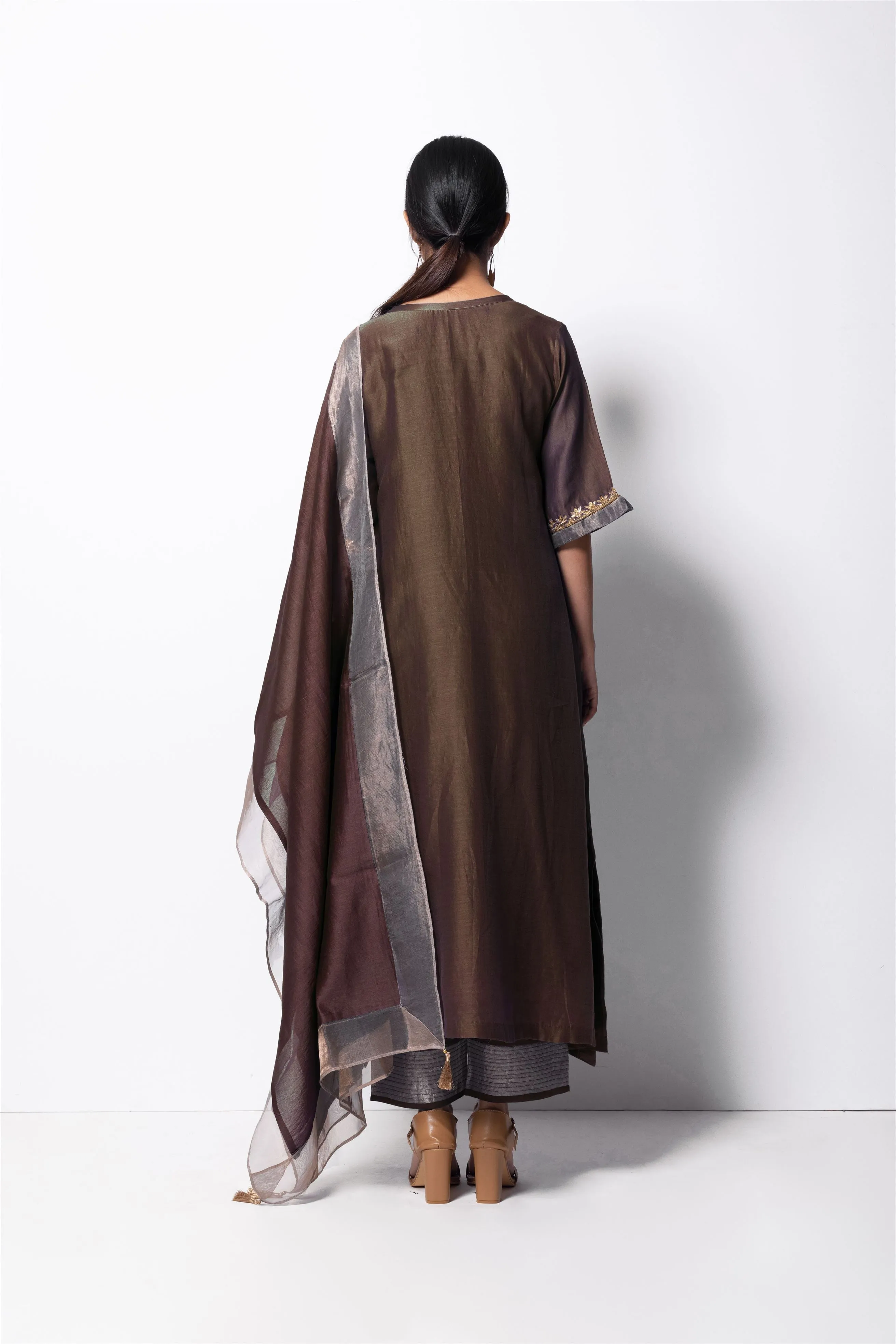 Bhavik Shah   I  Minhaj  Kurta Full Set - Kurta, Stole, Pants, With Slip Kurta - Handwoven Chanderi Silk, Stole - Chanderi & Zari, Pants - Cotton Silk BROWN CH-SK-CB-23