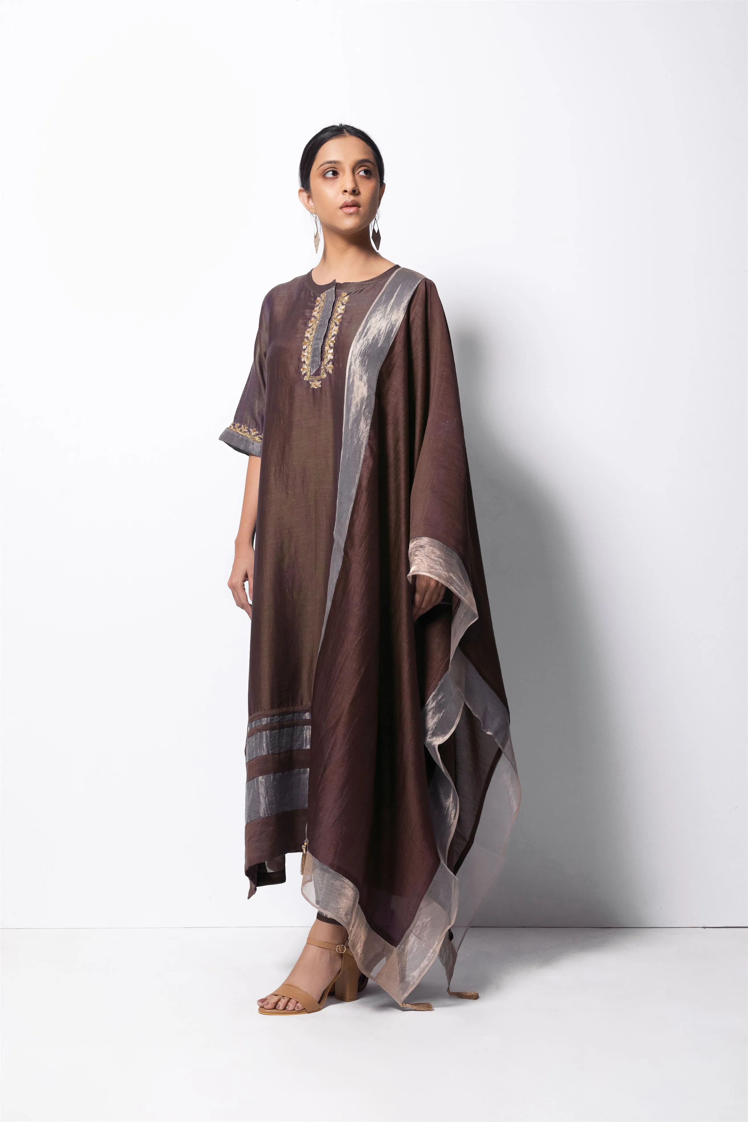 Bhavik Shah   I  Minhaj  Kurta Full Set - Kurta, Stole, Pants, With Slip Kurta - Handwoven Chanderi Silk, Stole - Chanderi & Zari, Pants - Cotton Silk BROWN CH-SK-CB-23