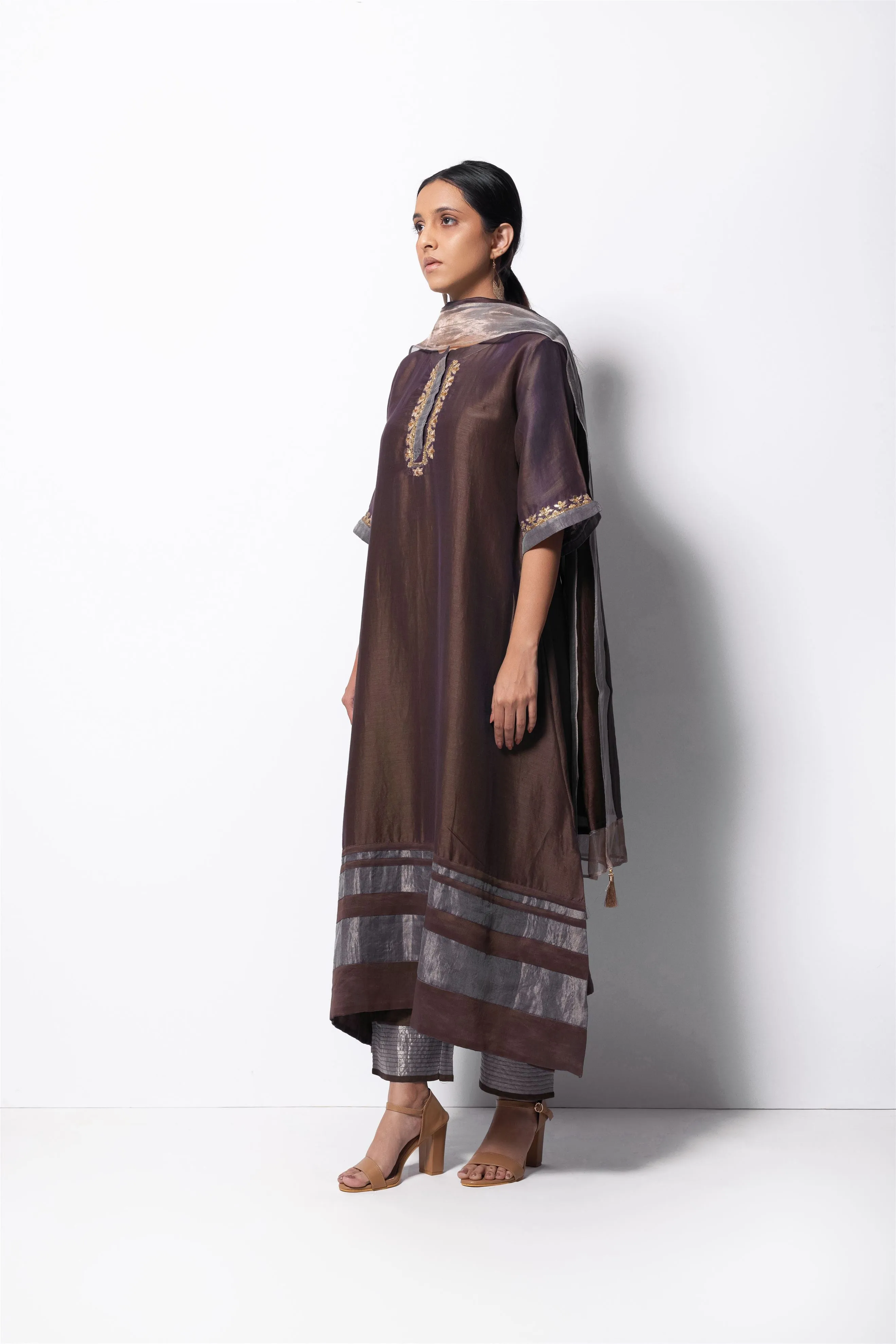 Bhavik Shah   I  Minhaj  Kurta Full Set - Kurta, Stole, Pants, With Slip Kurta - Handwoven Chanderi Silk, Stole - Chanderi & Zari, Pants - Cotton Silk BROWN CH-SK-CB-23