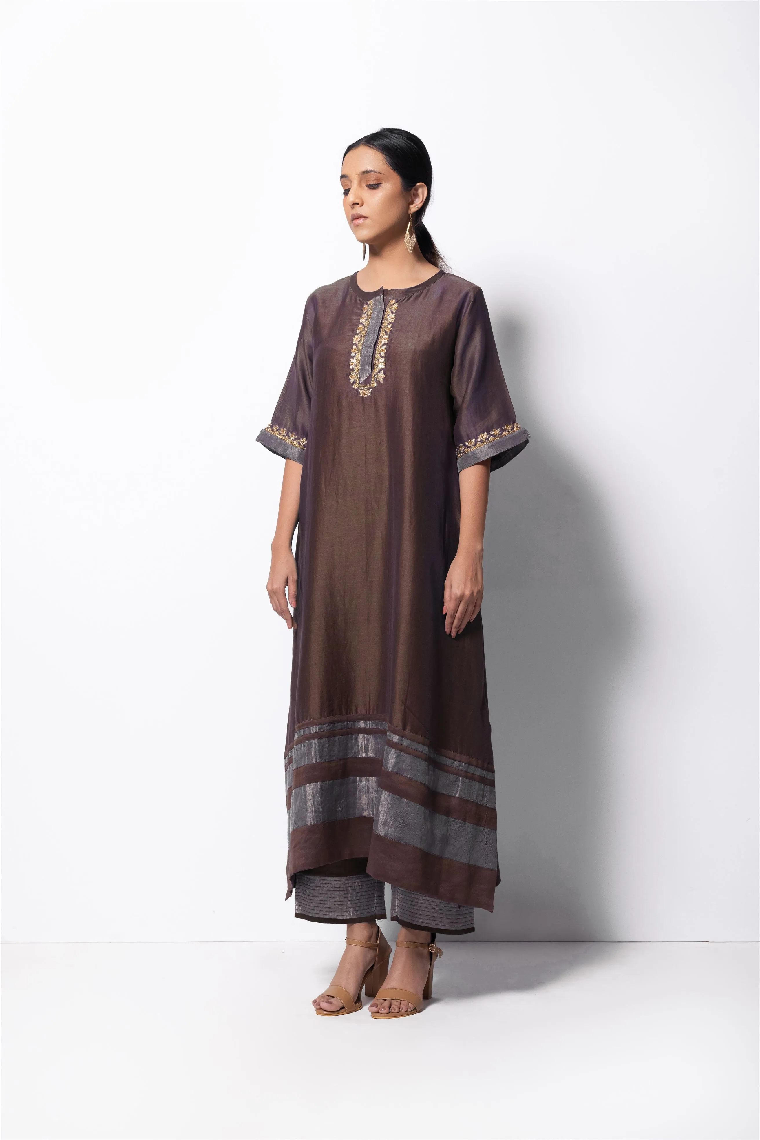 Bhavik Shah   I  Minhaj  Kurta Full Set - Kurta, Stole, Pants, With Slip Kurta - Handwoven Chanderi Silk, Stole - Chanderi & Zari, Pants - Cotton Silk BROWN CH-SK-CB-23