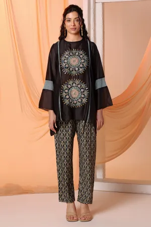 Black eraya applique asymmetric tunic set