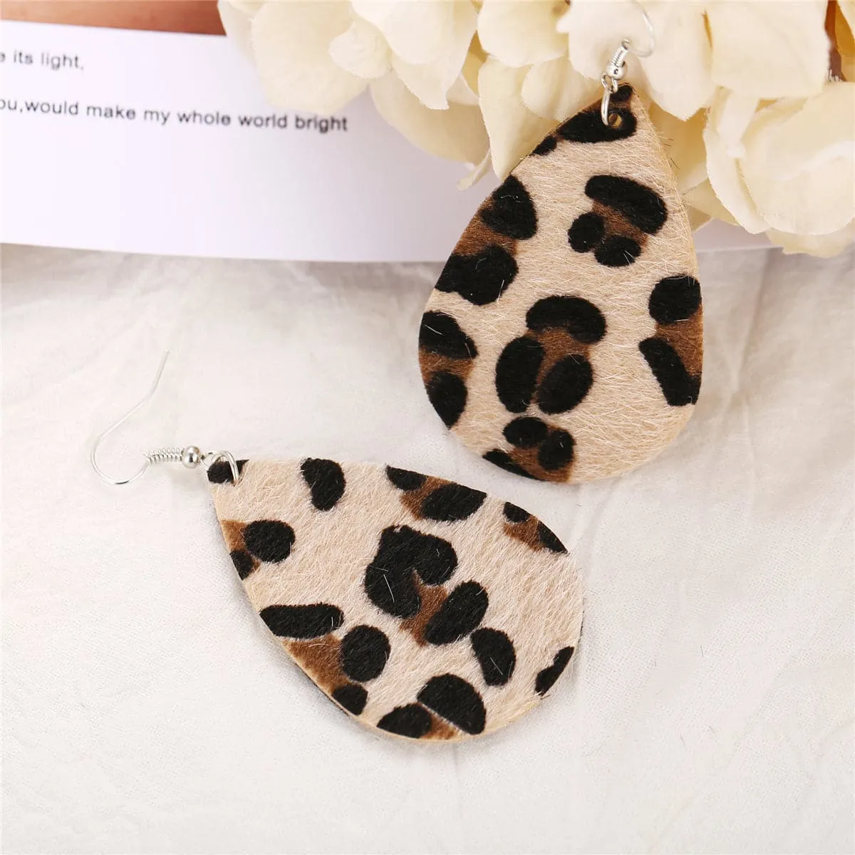 Black Gabardine Leopard-Print Drop Earrings