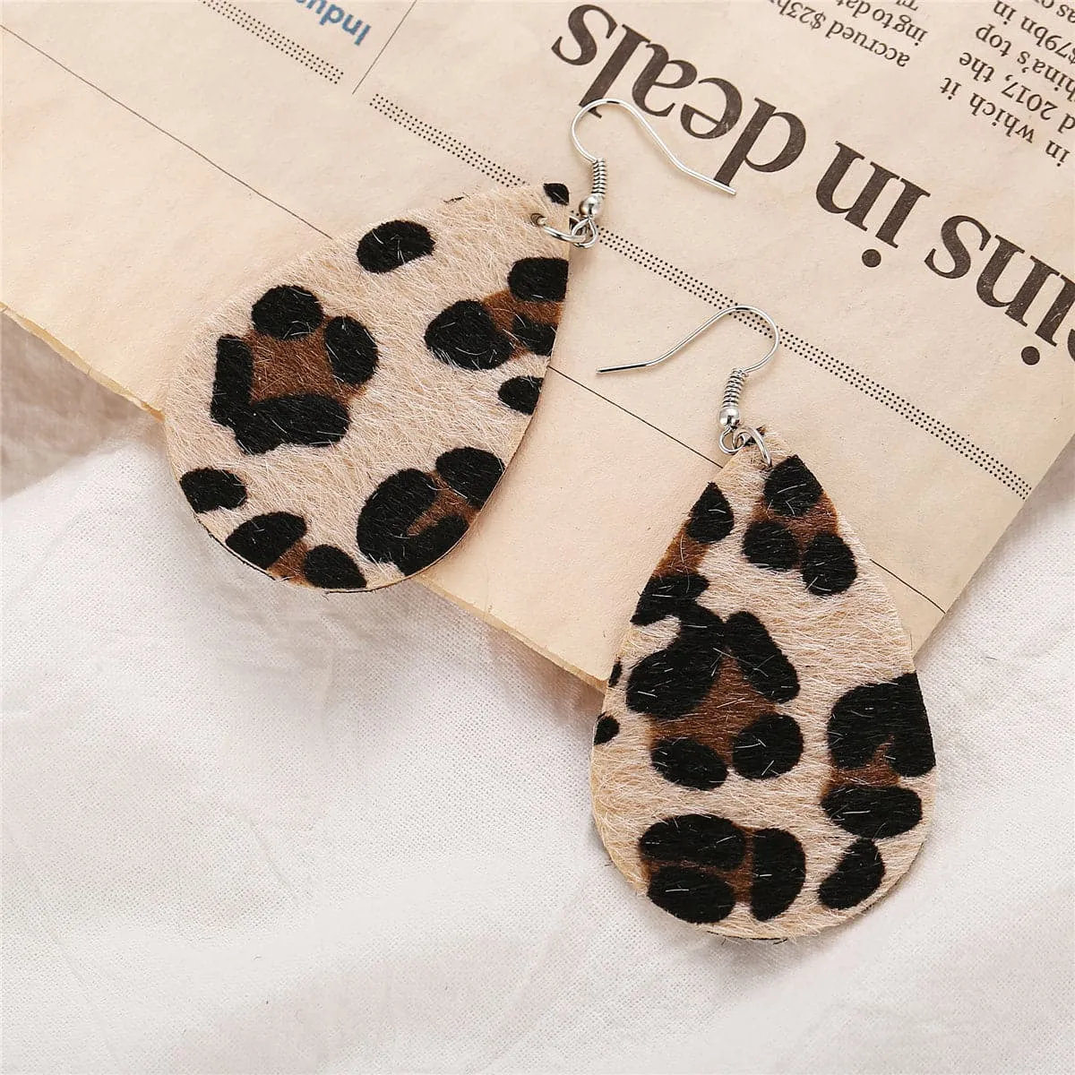 Black Gabardine Leopard-Print Drop Earrings