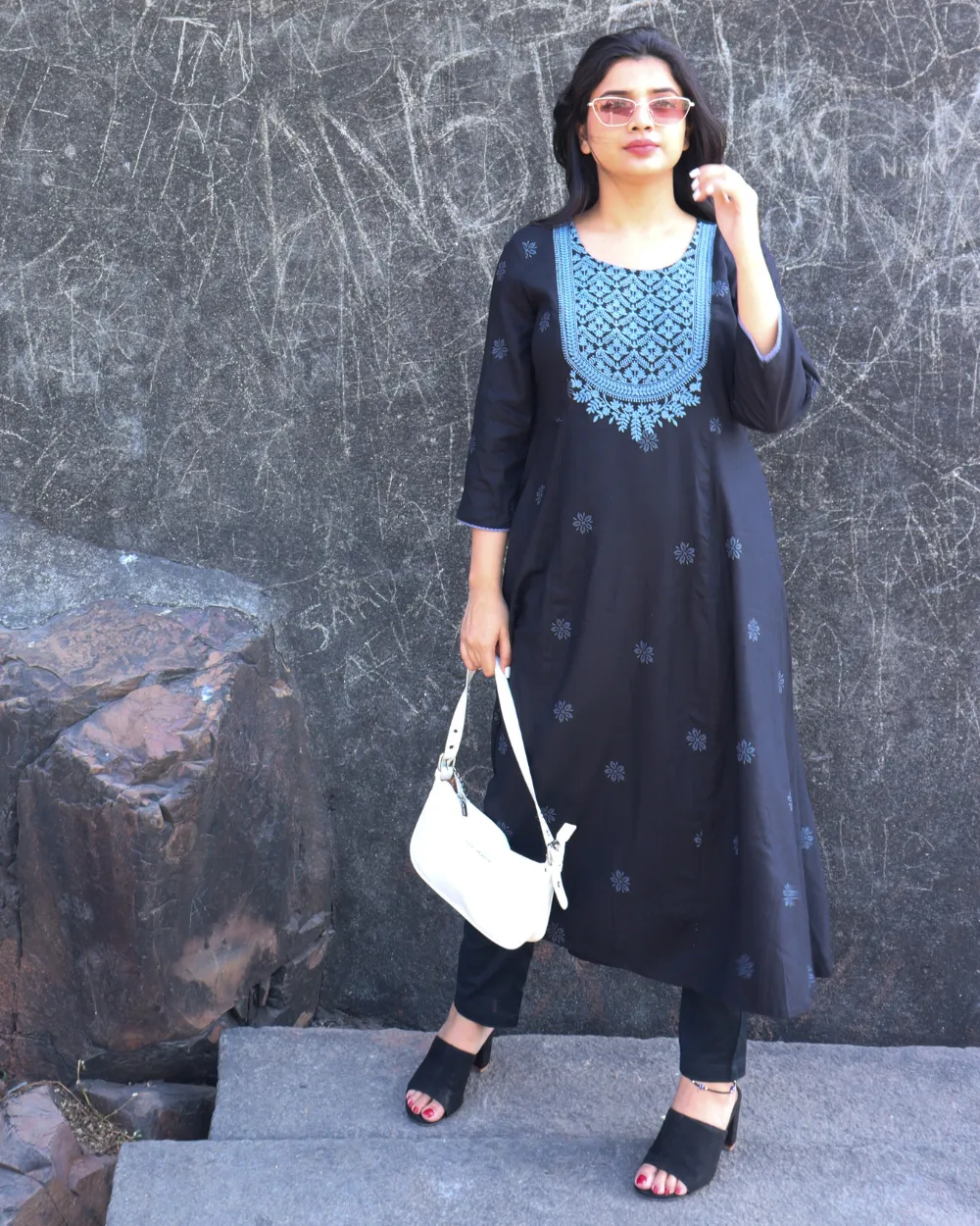 Black Rayon Lucknowi Chikankari Embroidered A-Line Kurta