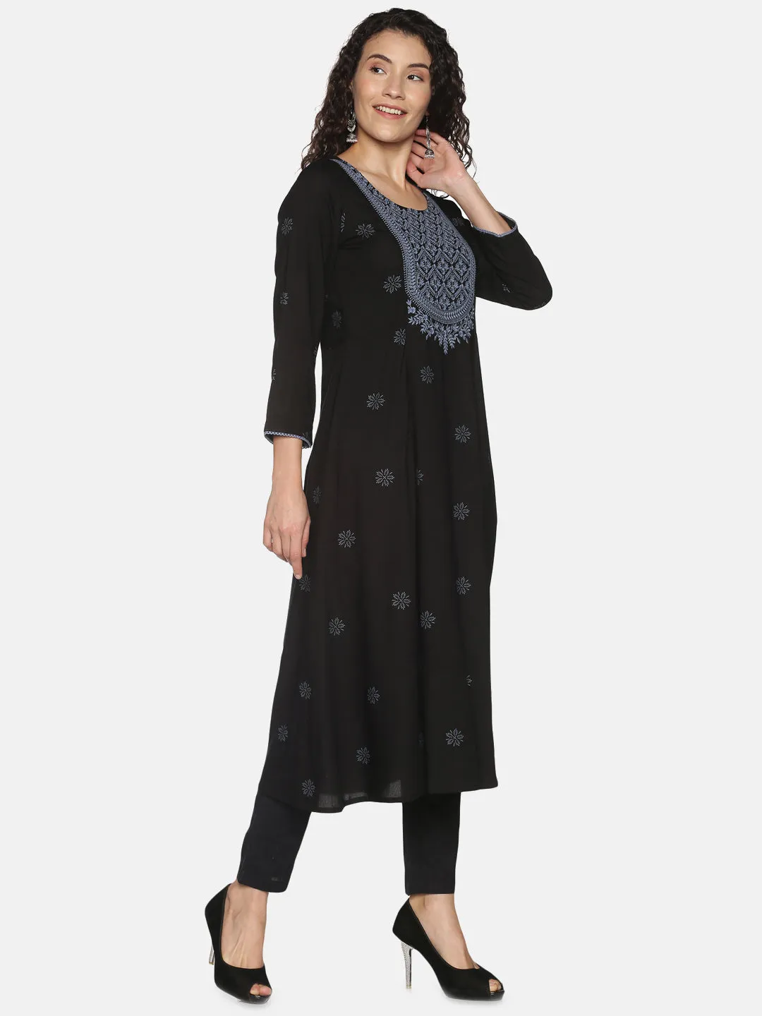 Black Rayon Lucknowi Chikankari Embroidered A-Line Kurta