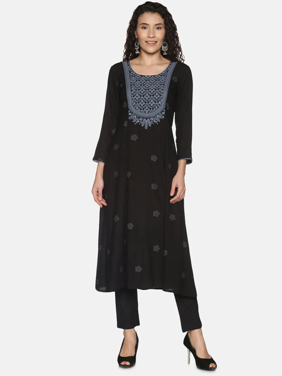 Black Rayon Lucknowi Chikankari Embroidered A-Line Kurta