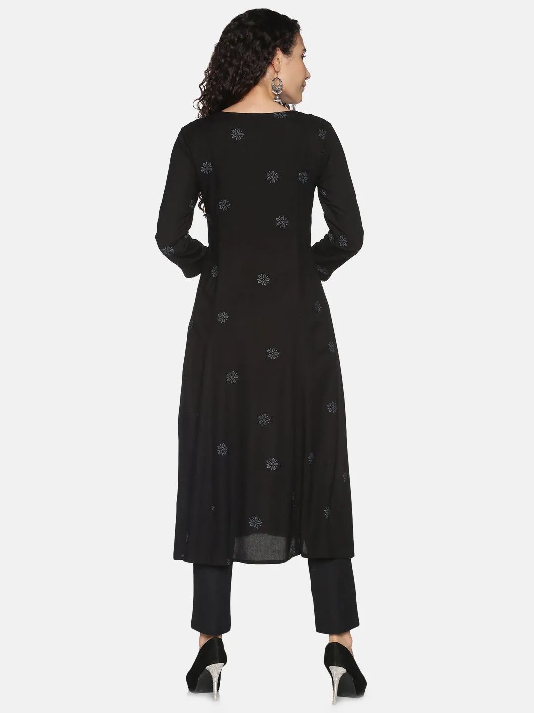 Black Rayon Lucknowi Chikankari Embroidered A-Line Kurta
