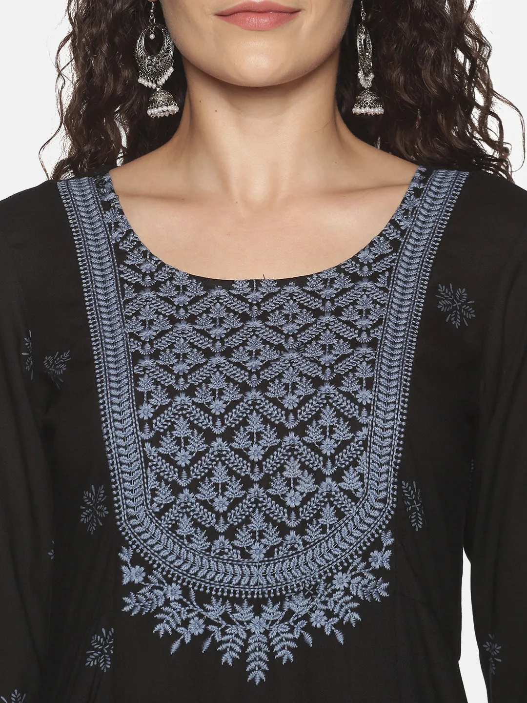 Black Rayon Lucknowi Chikankari Embroidered A-Line Kurta