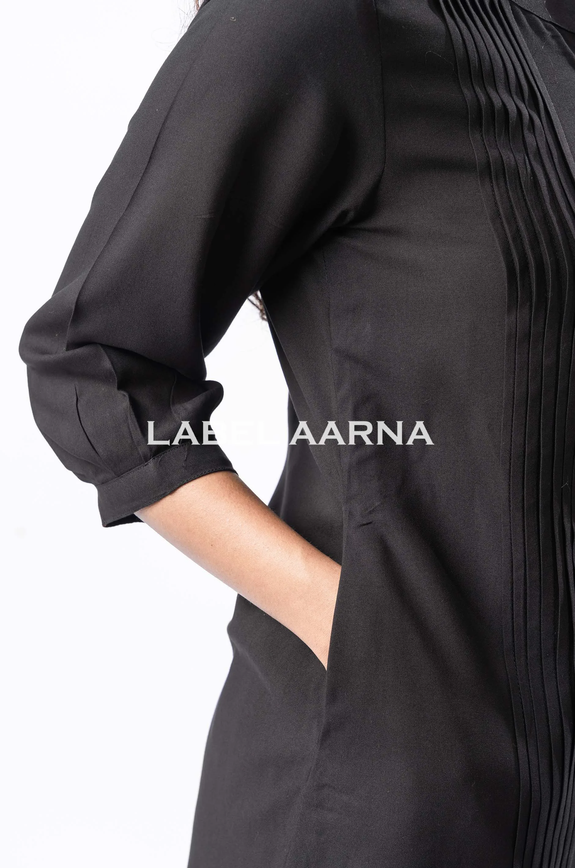 Black Viscose Rayon Pleated Band Collar Straight Fit Co-ord Set