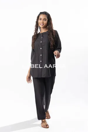 Black Viscose Rayon Pleated Band Collar Straight Fit Co-ord Set
