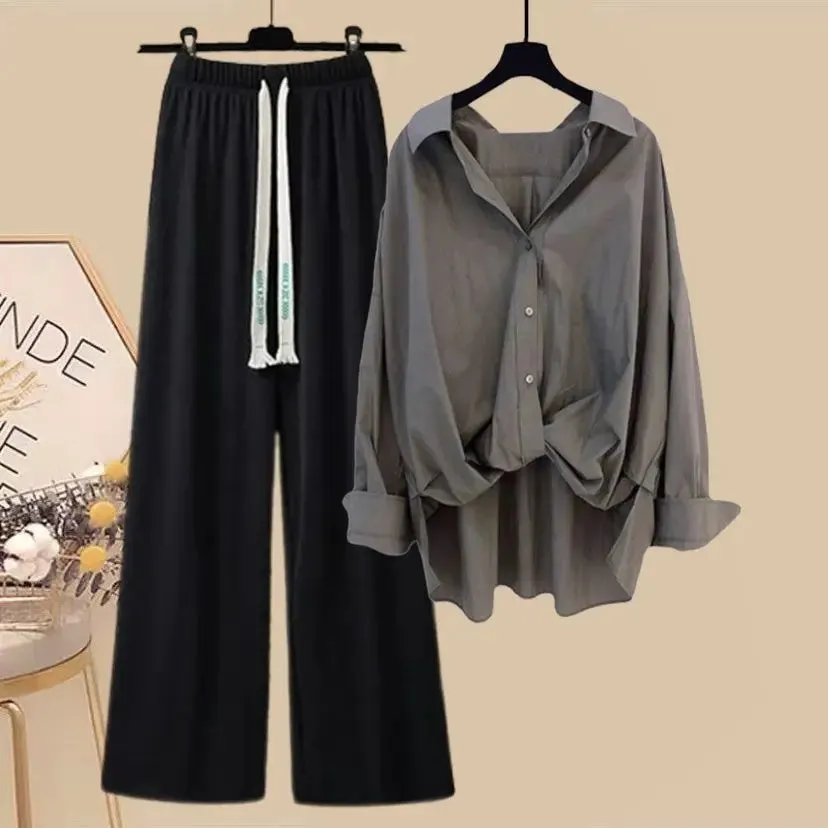 BlackGrey Korean Style Women's Tank Top/Shirt/Wide Leg Pants -3 Pc Set