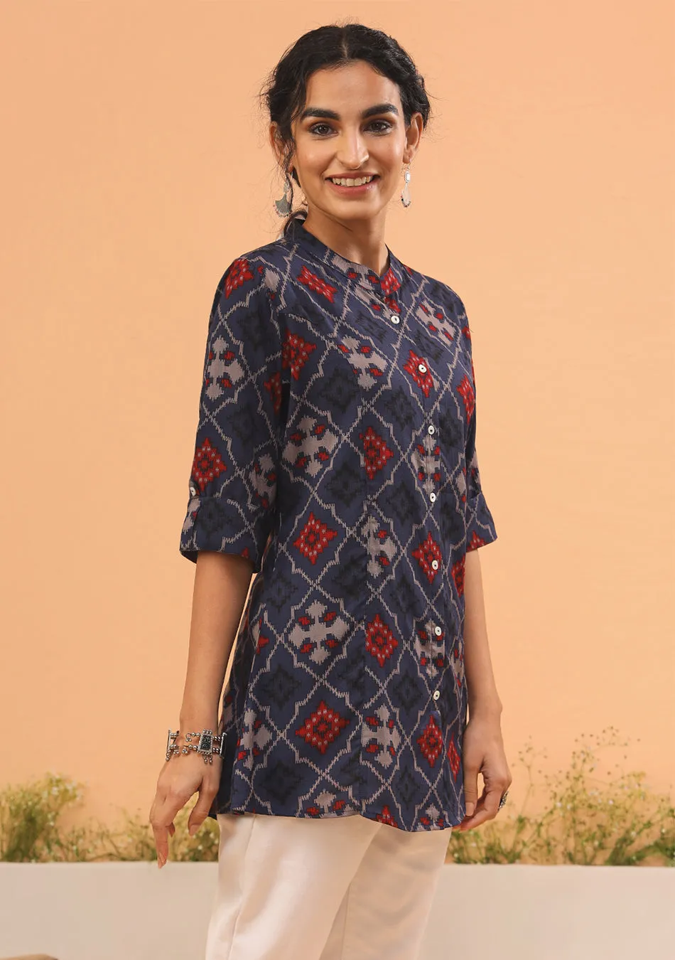 Blue Geometric Printed Rayon Top