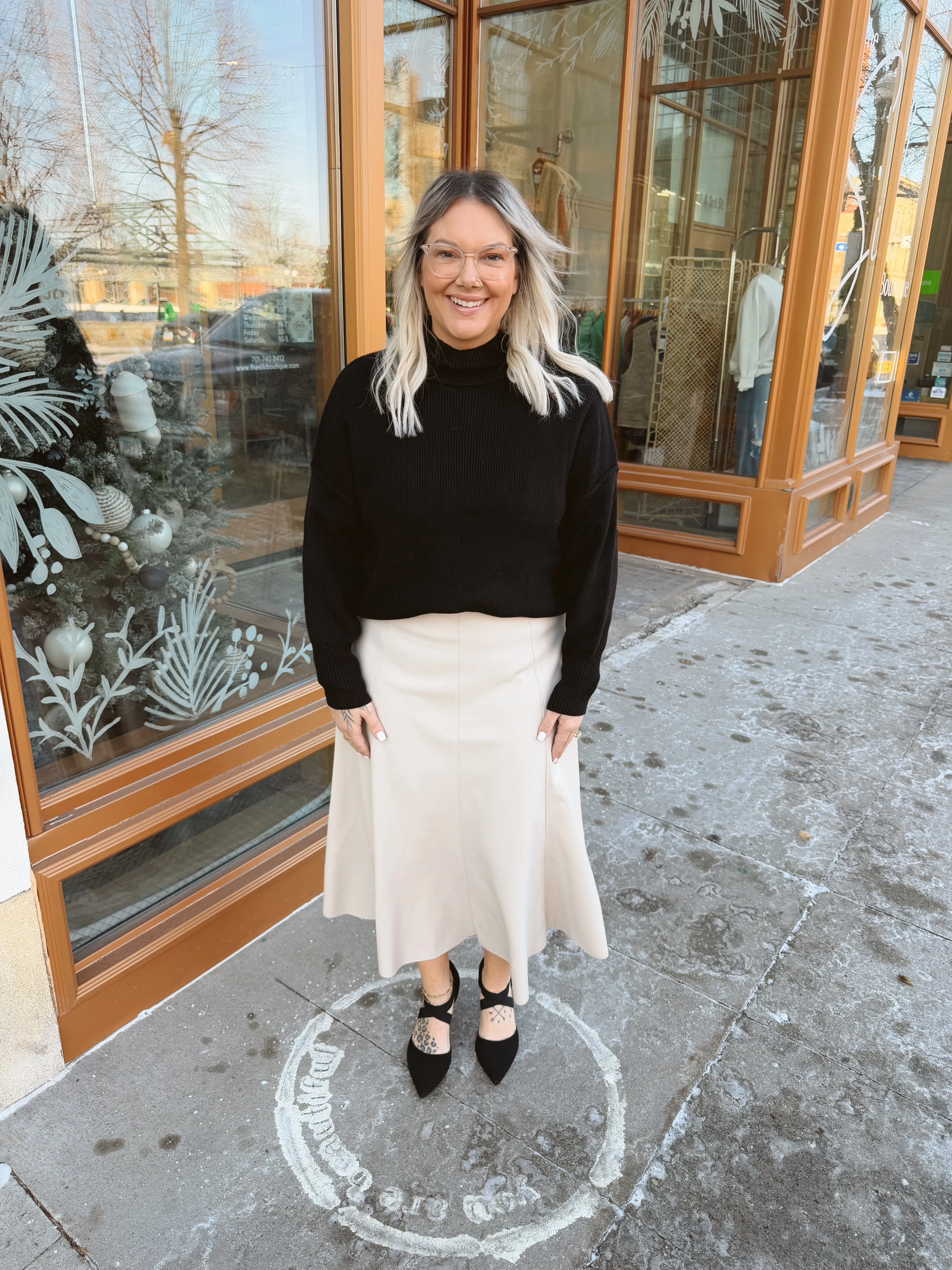 Bone Leather Flare Midi Skirt