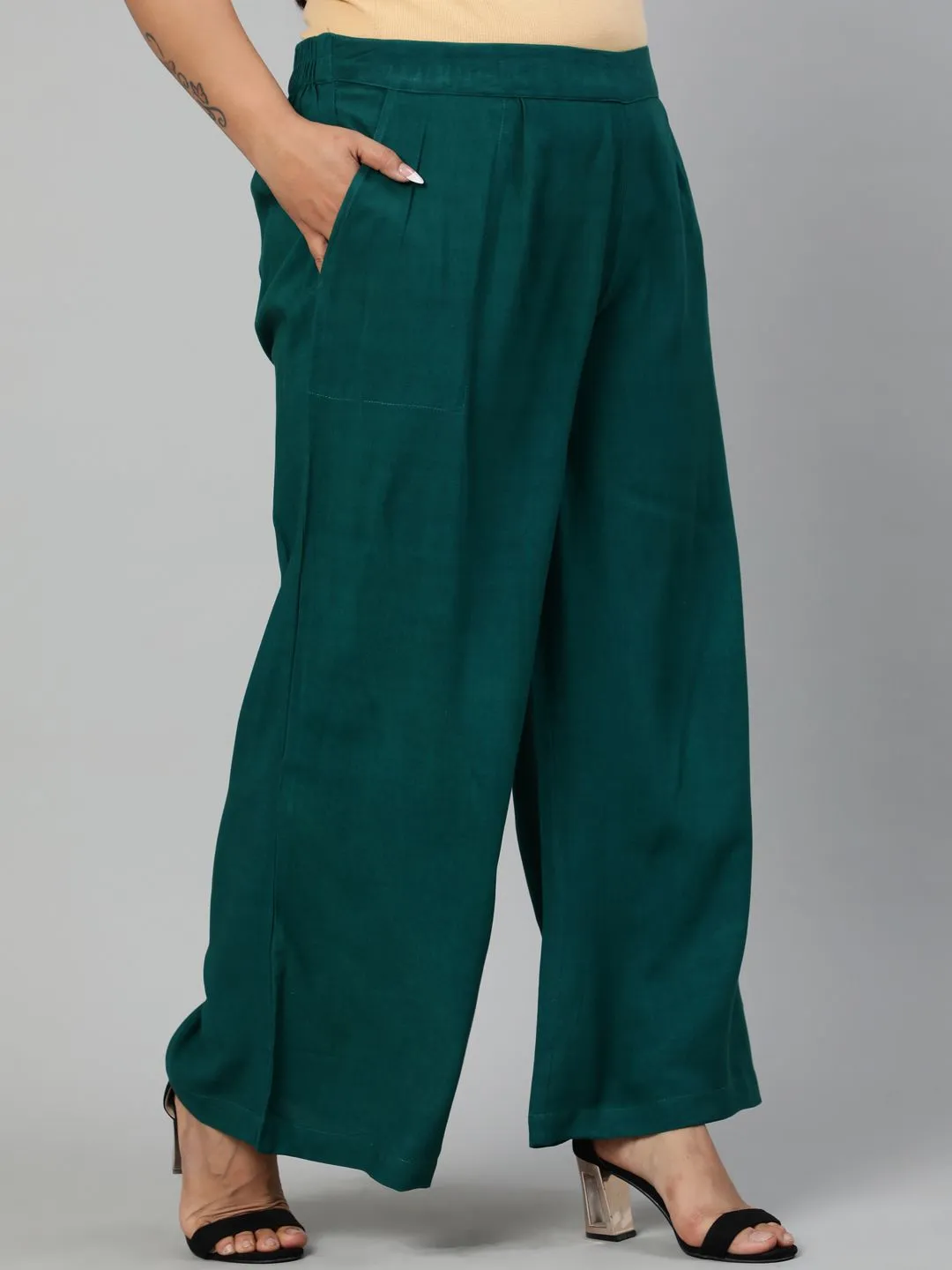 Bottle Green Solid Rayon Palazzo