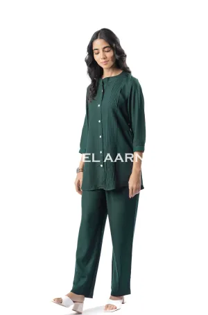 Bottle Green Viscose Rayon Pleated Band Collar Straight Fit Co-Ord Set
