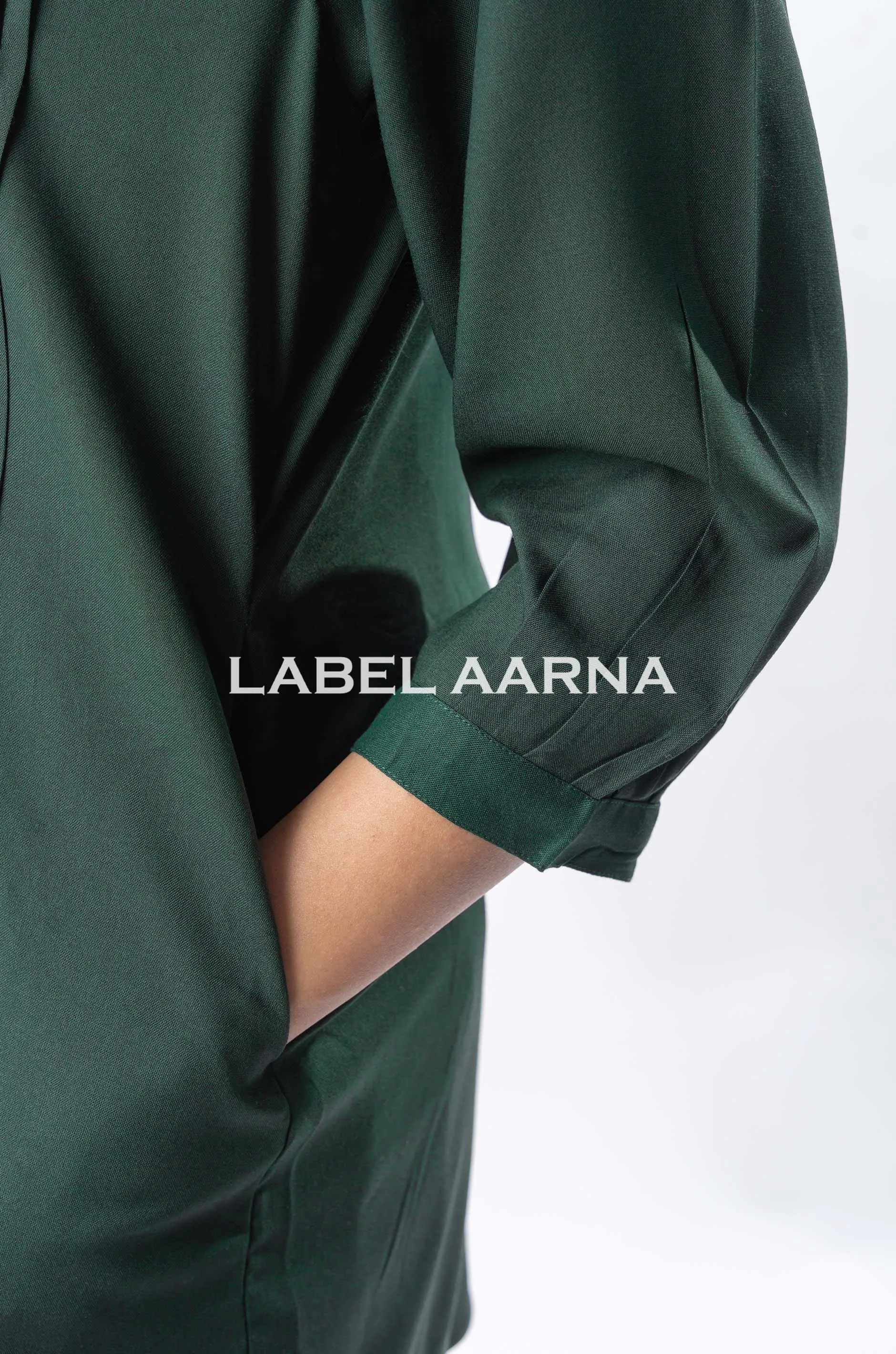 Bottle Green Viscose Rayon Pleated Band Collar Straight Fit Co-Ord Set