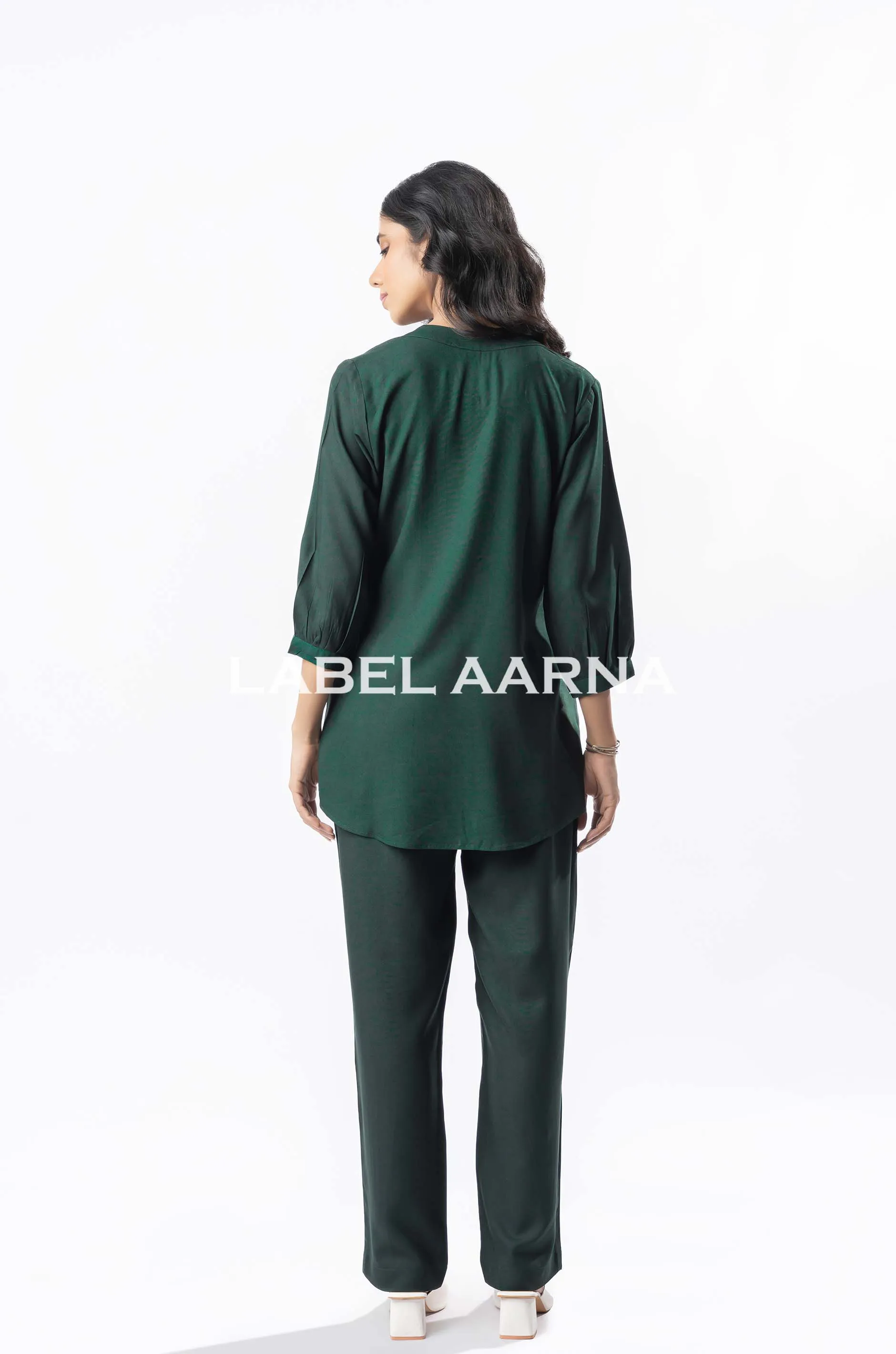 Bottle Green Viscose Rayon Pleated Band Collar Straight Fit Co-Ord Set