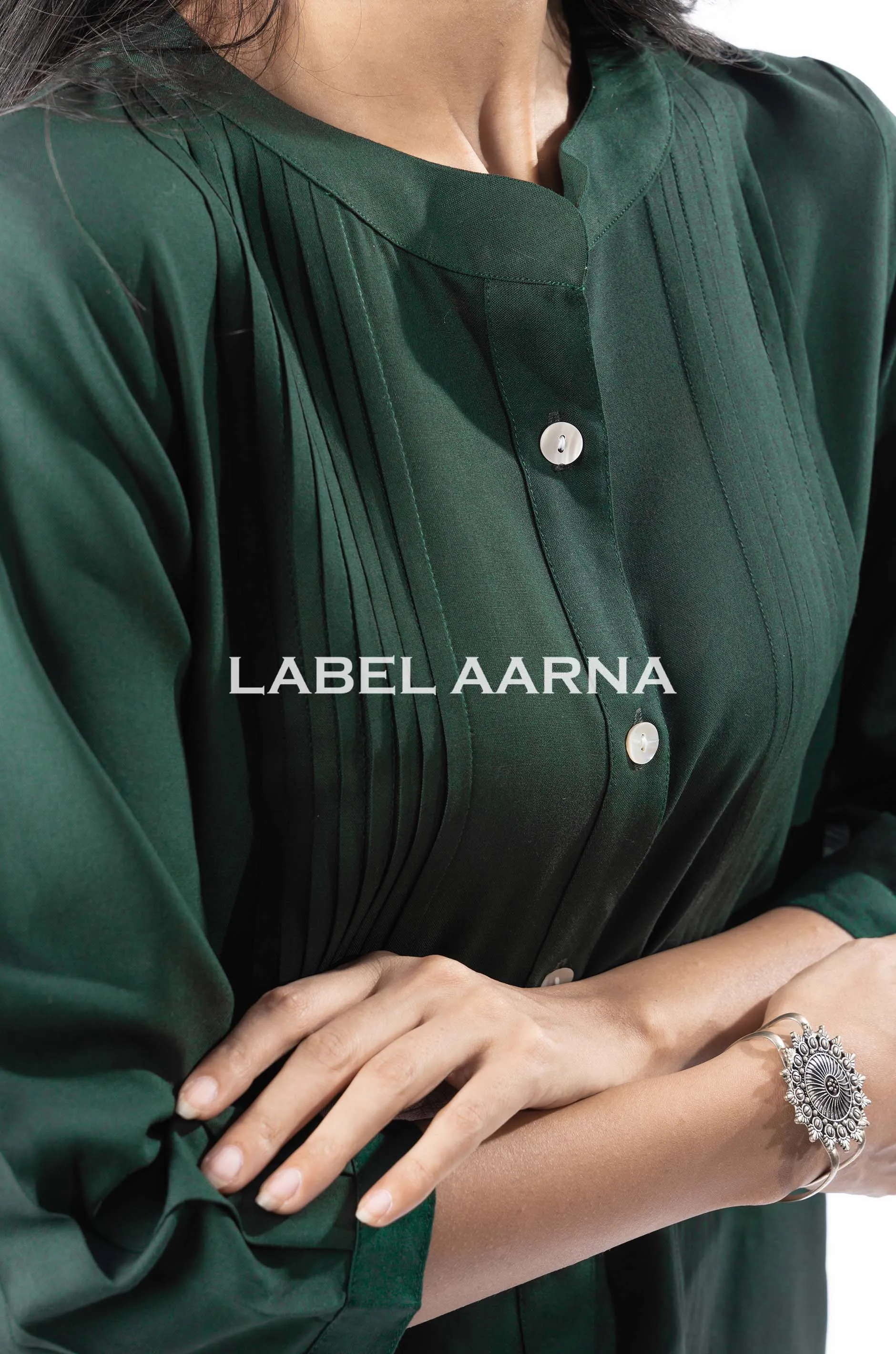 Bottle Green Viscose Rayon Pleated Band Collar Straight Fit Co-Ord Set