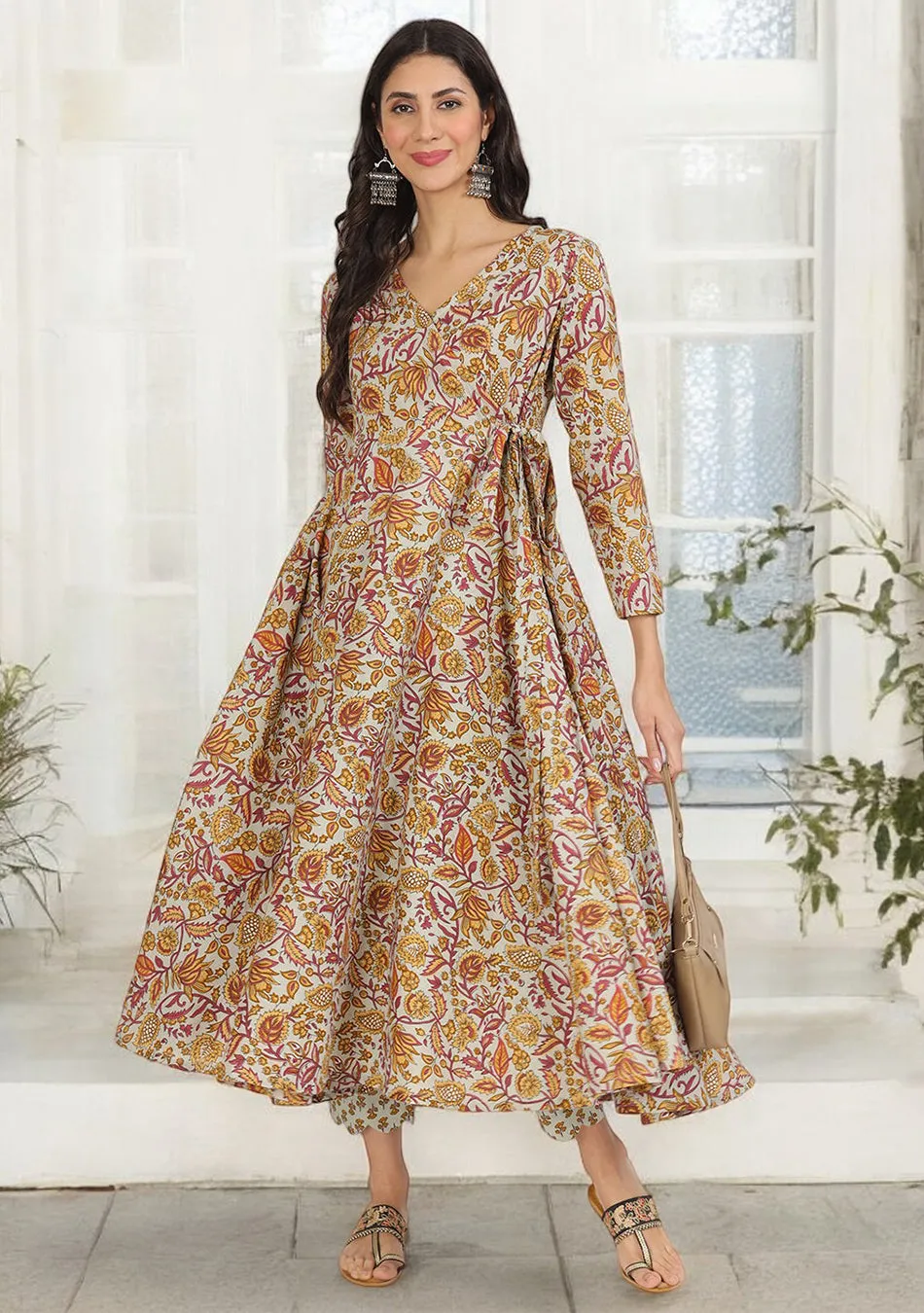 Brown Floral Print Cotton Angrakha Kurta Pants set